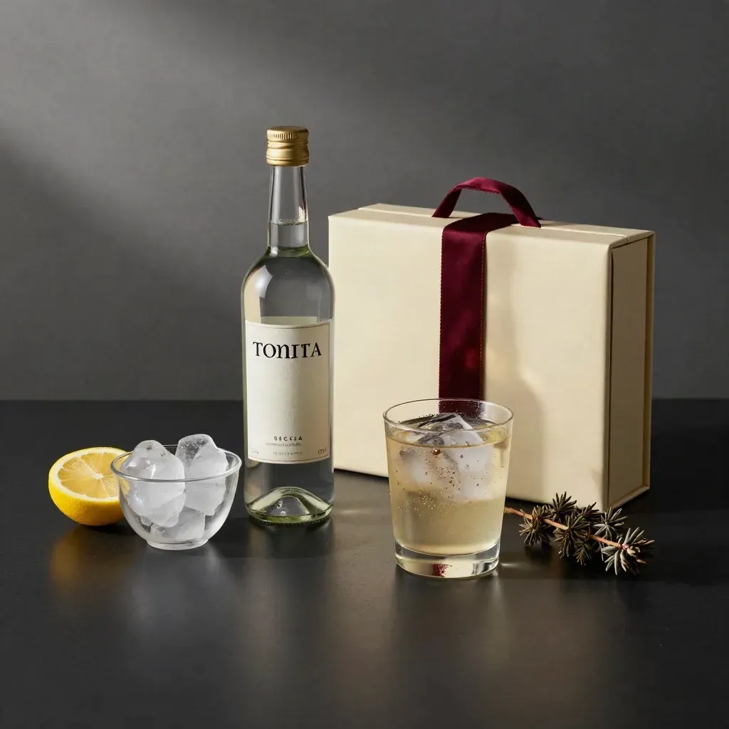 Set gin premium con bottiglia, tonica, ghiaccio, limone e ginepro su fondo scuro.