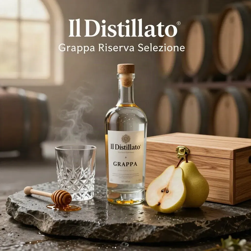 Bottiglia di grappa con calici, pere e scatola regalo su pietra bagnata, luce calda e nebbia.
