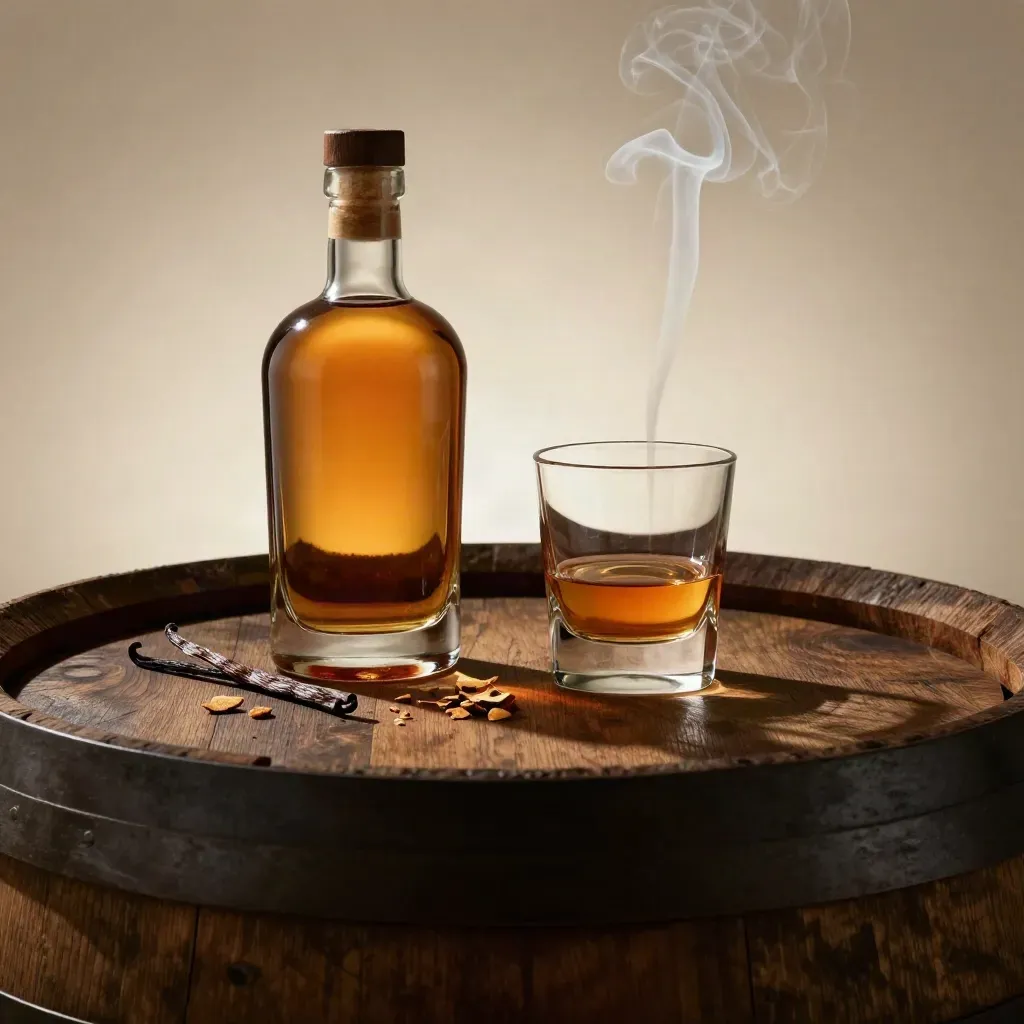 Bottiglia di whisky, tumbler, vaniglia, rovere tostato e un filo di fumo