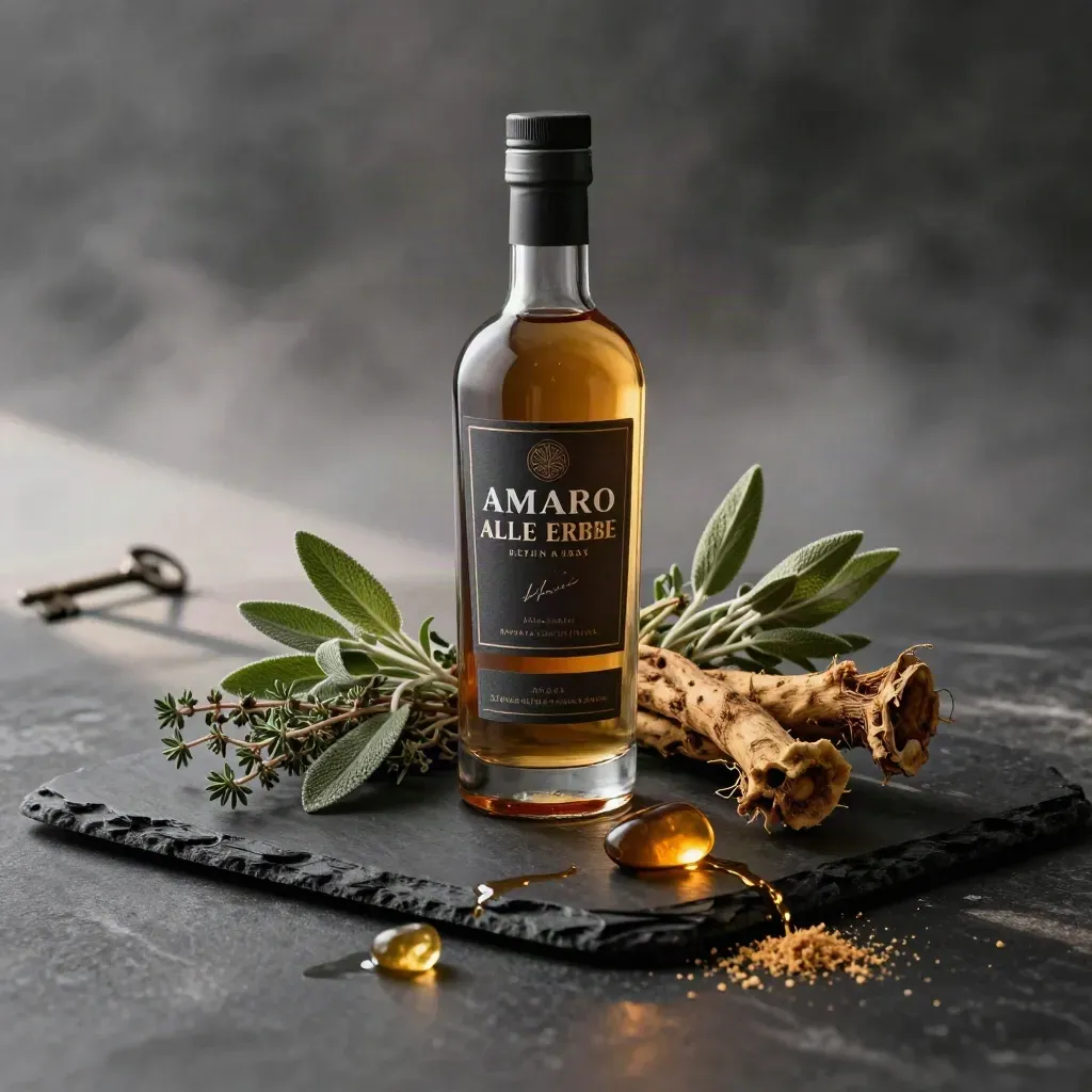 Bottiglia scura di amaro alle erbe alpine con genziana e erbe su ardesia.