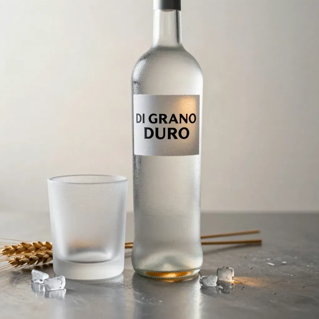 Bottiglia di vodka al grano duro con tumbler ghiacciato, spiga di grano e ghiaccio su acciaio spazzolato