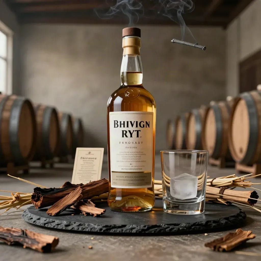 Bottiglia di rye whisky con tumbler, chips di quercia e spighe di segale in luce drammatica