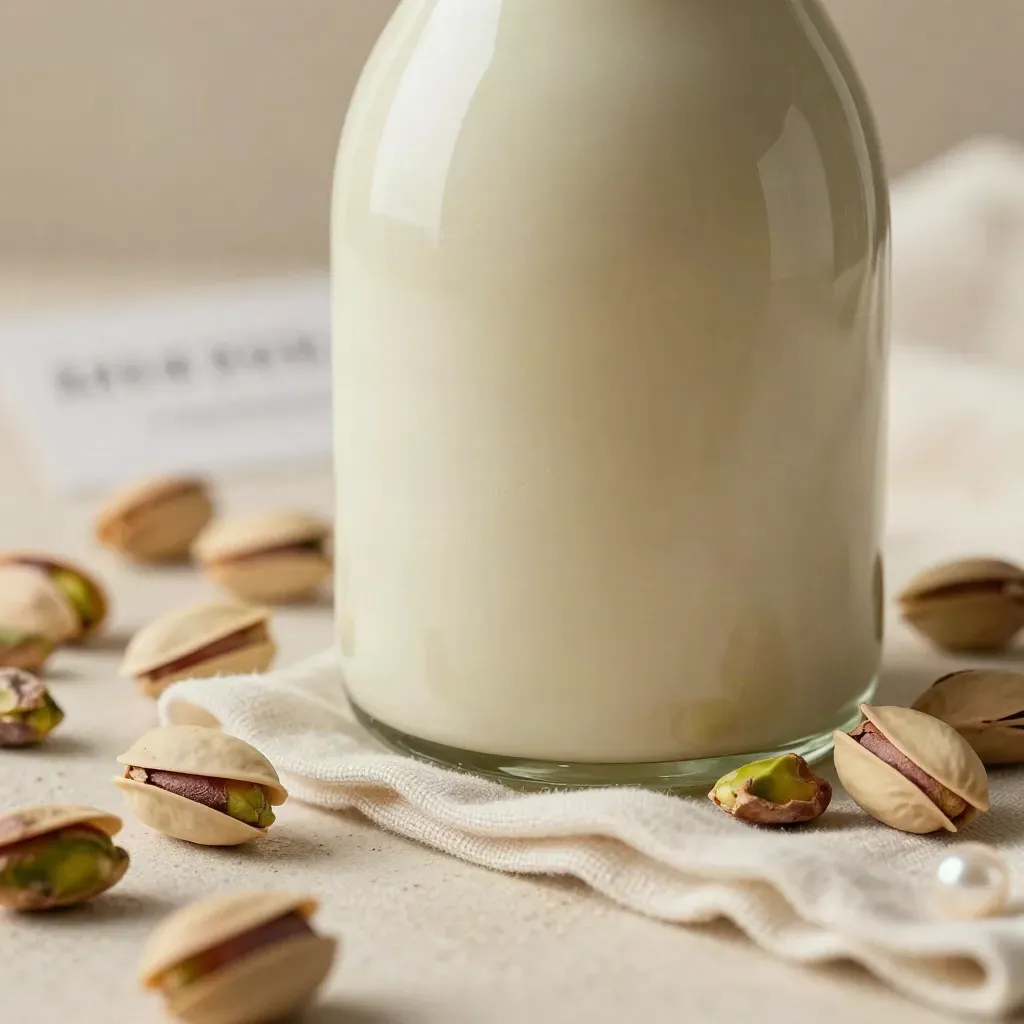 Bottiglia di liquore al pistacchio con gusci rotti, pistacchi tostati e lino avorio.