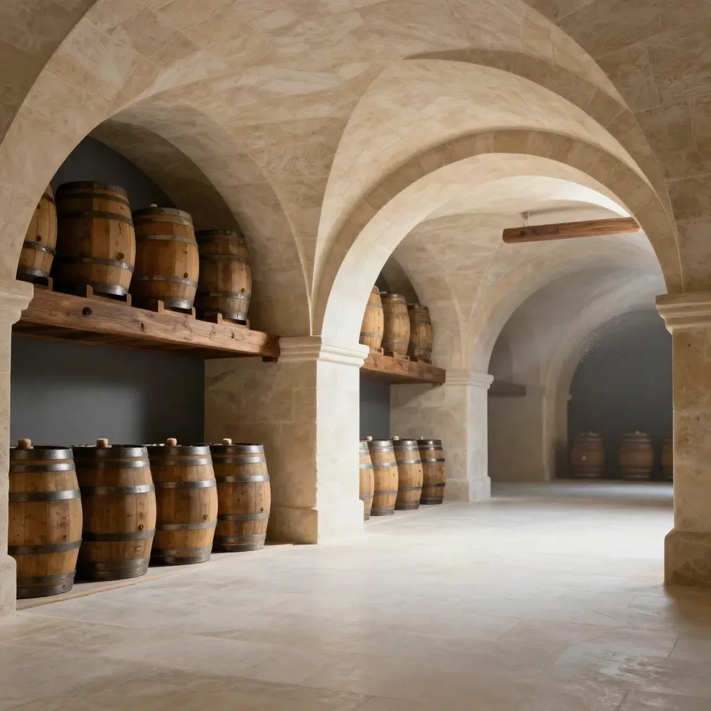 Salone a volta in pietra con botti di whisky e luce radente.